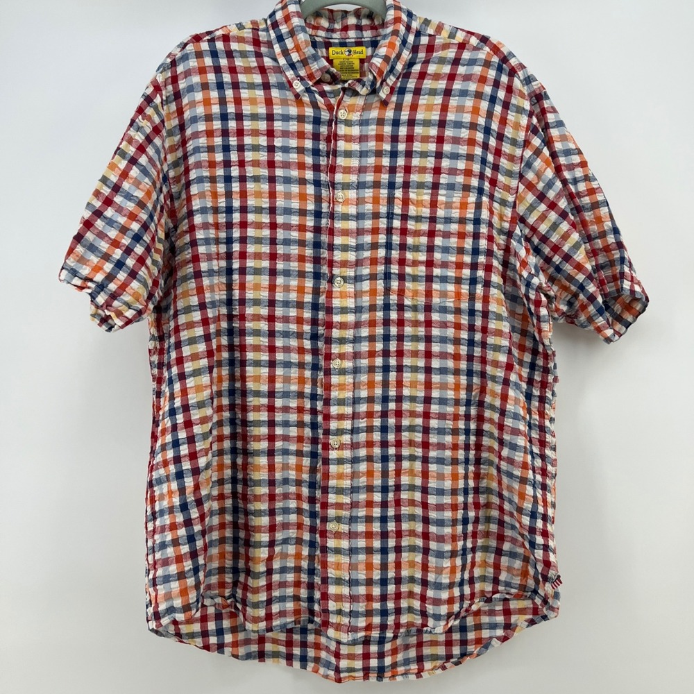 Duck Head Mens Large Plaid Short‎ Sleeve Button Down Shirt Cotton Seersucker